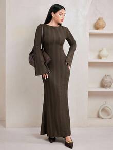 Veilorie 女士端庄优雅提花喇叭袖连衣裙 - 咖啡棕 - 查看 5