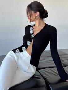 Firerie Women's Elegant Party 3D Floral Graduation Sweater Top, Neck Solid Color Knitted Cardigan,Halloween Costumes ,Wedding Guest For Women Autumn/Winter,Fall Clothes For Women,Knit Sweater, Comfortable & Elegant, Suitable For Dating, Casual, Travel In Autumn/Winter,Festival Party Outfits For Women Black Cardigan Cropped Cardigan