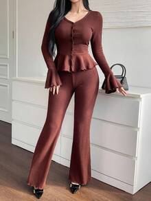 DAZY Damen eleganter einfarbiger Rüschen-Saum Cardigan und Hose 2 Stücke Set, Herbst Loungewear für Frauen - Braun - Übersicht 4