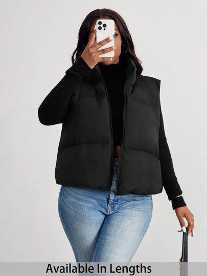 SHEIN PETITE CURVE Chaqueta casual con cremallera de unicolor para mujer talla grande, para invierno