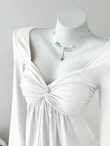 Elamini Damska koszulka z długim rękawem i swobodnym dekoltem w serek z przodu, uniwersalny nowy styl, wiosna/jesień - Biały - Zobacz 4