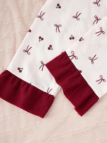 Genkimix Kids 2 件女童可爱樱桃和蝴蝶结印花长袖开衫和裤子套装，休闲舒适的家居服 - 彩色 - 查看 3