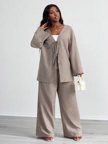 SHEIN PETITE CURVE 大码女式休闲两件套前系带长袖上衣和裤子套装，纯色牛仔蓝色大码女式两件套海滩装，适合女士商务休闲装 - 摩卡棕 - 查看 5
