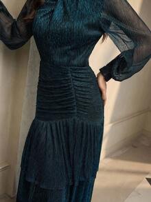 ZEYLAH Elegant Twist Neck Ruched Waist Dress - Black - View 2