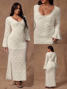 Rustia Plus Size Women's Elegant Lace Patchwork Flare Sleeve Long Dress, Patchwork Ruffle Hem Mermaid Fitted Dress, Autumn/Winter Fall Cloth For Women - Apricot - View 1