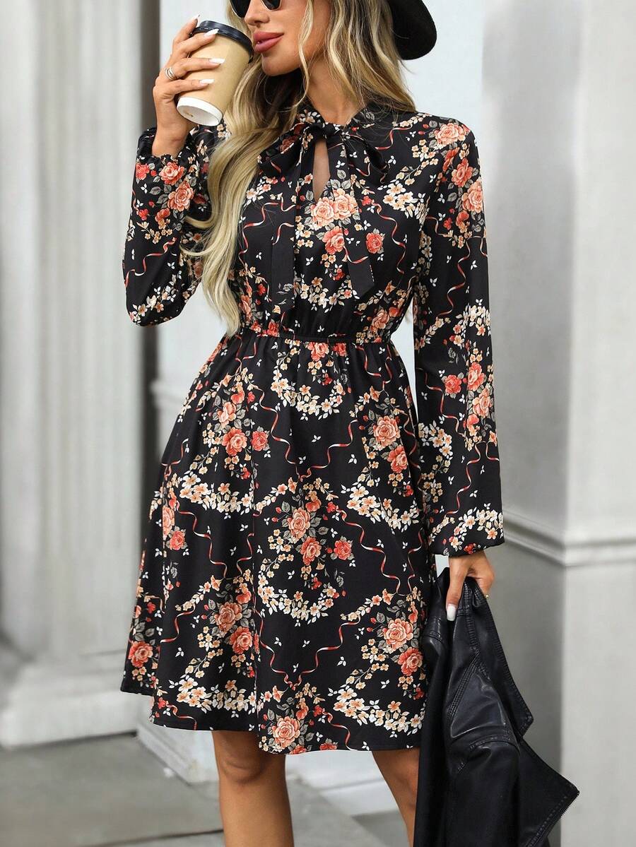 EMERY ROSE Women's Floral Print Tie Neck Long Sleeve Waist Cinched Casual Mini Dress