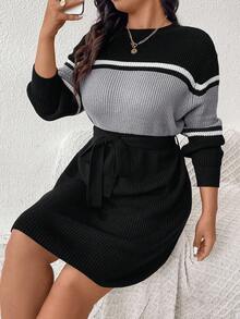 SHEIN Frenchy 秋冬大码女式拼色条纹长袖毛衣裙 - 灰色 - 查看 1