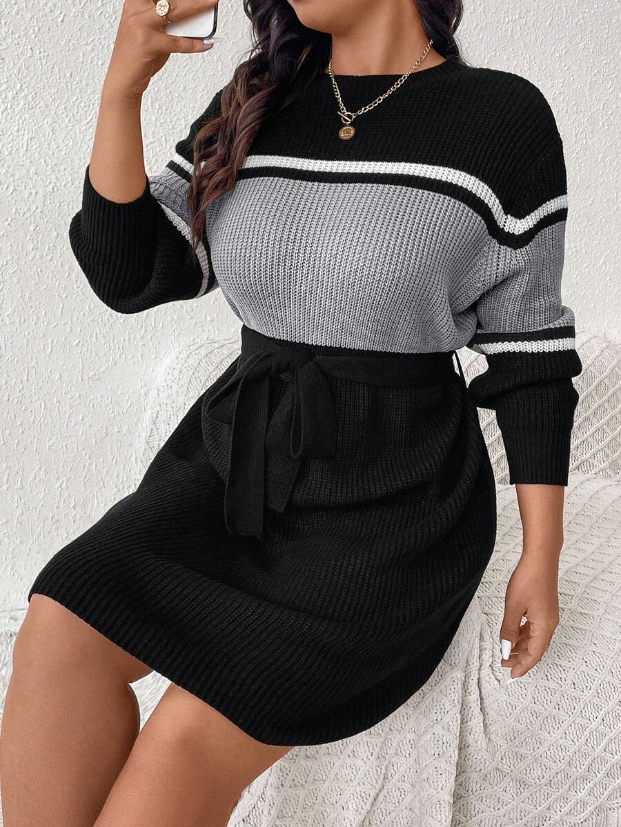 SHEIN Frenchy 秋冬大码女式拼色条纹长袖毛衣裙 - 灰色 - 查看 1