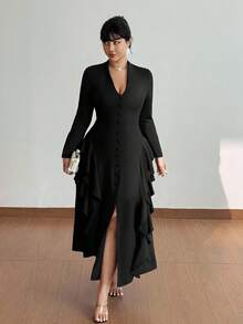 Viva Relle Váy maxi dài màu trơn cổ chữ V xếp nếp nhiều lớp cài nút thanh lịch, thiết kế tinh tế, không thể thiếu cho trang phục dự tiệc & sang trọng, cỡ lớn, thu/đông - màu đen - Xem 5