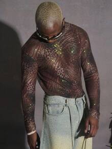 PAVTROS Manfinity Streetrush Men's Digital Mesh Leopard Print Sequin Decor Turtleneck Long Sleeve T-Shirt, Casual & Streetwear,Halloween,INS Leopard Print Sheer Top For Men, Halloween Street Style, Fall And Winter Urban Fashion,Rapper T-Shirt,Boy Friend Gifts. See Through Leopard Print Top, Christmas