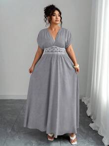 Elenzga Vestido maxi casual de talla grande para mujer con bordado en la cintura, vestido elegante y estilizador de estilo bohemio con estampado de paisley, cuello en V profundo, hombros fruncidos y cintura ceñida, para salidas, té de la tarde, fiestas, uso diario y vacaciones