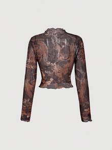 SHEIN MOD 棕色哥特式宫殿印花立领长袖修身 T 恤 - 棕色 - 查看 2