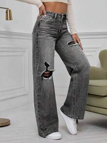 EMERY ROSE Washed Denim  High Waist Ripped Wide Leg Jeans - Dark Grey - View 3