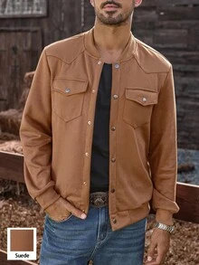 Manfinity Nomadique Men's Casual Commuter Solid Color Baseball Collar Jacket Men Brown Jacket Men Casual Jacket Brown Suede Jacket Men Cowboy Style Jacket, Fall Winter - Brown - View 5