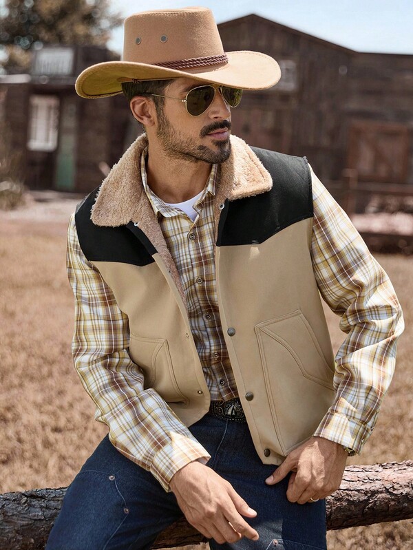 Manfinity Nomadique Herren Winter Einreihige Kontrast Farbe Fleece Patchwork Western Weste, Country Konzert Rodeo, Herbst