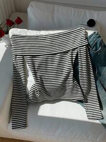 Comfortcana Áo thun nữ dài tay trễ vai kẻ sọc xếp nếp thường ngày - Đen và trắng - Xem 2