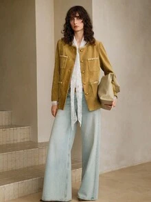 Arave 梭织纯色亮片蕾丝拼布金属纽扣装饰口袋圆领长袖插肩袖户外休闲通勤女春秋外套 - 卡其色 - 查看 6