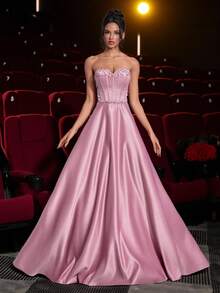 Glamrae 优雅的莲藕粉色光泽缎面露肩领口亮片拼布鱼骨带串珠刺绣超大 A 字裙，配有可调节领带，适合约会、度假、单身、生日、成人仪式、派对、舞会、婚礼、毕业典礼、正式晚会 - 藕粉色 - 查看 8