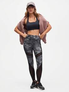 Eassivo Eassivo Women's High-Waisted Abstract Print Mesh Panel Sports Leggings, Black Camo Leggings, Mesh Legging With Phone Pocket, Leggings With Mesh Panels - Black - View 6
