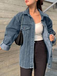 DAZY Women's Washed Distressed Tie Up Loose Split Street Style Denim Jacket, Spring Autumn,Fall Women Clothes Long Sleeve Women - Baby Blue - View 5