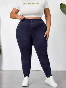 SHEIN CURVE+ Quần legging bó thun co giãn thường ngày cỡ lớn cho nữ có đường khâu lộ rõ, thoáng khí, thấm hút mồ hôi, mùa hè, Curve Plus, Hoho Vacation - Màu xanh hải quân - Xem 7