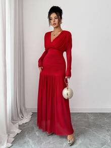 Elenzga Fashionable Urban New Women's Solid Red V-Neck Long Sleeve Sexy Hollow-Out Mesh Patchwork Pleated A-Line Maxi Dress, Suitable For Commuting, Graduation Party, Holiday Events, Dates, Daily Wear, Autumn/Winter - Red - View 4