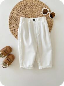 SHEIN 男婴休闲弹力腰白色正装裤，适合生日派对、晚宴、演出、婚礼、迎婴派对和一周岁生日庆祝活动。