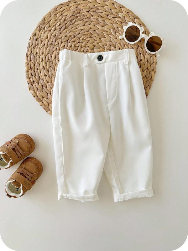 SHEIN 男婴休闲弹力腰白色正装裤，适合生日派对、晚宴、演出、婚礼、迎婴派对和一周岁生日庆祝活动。