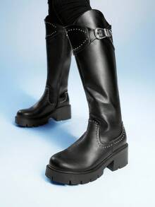Sugerpunk 女式黑色侧拉链粗跟系带扣马靴，暗黑摇滚朋克哥特风格过膝靴 - 黑色 - 查看 3