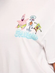 SpongeBob SquarePants | SHEIN Women's Cartoon Pattern White Crew Neck Short Sleeve T-Shirt - White - View 5