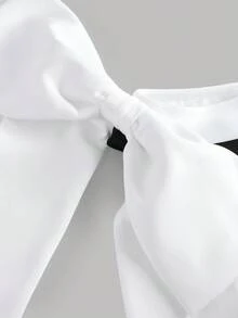 Pitira 少女黑白撞色露肩大蝴蝶结装饰派对礼服，伴娘礼服，优雅正式晚宴婚礼宾客礼服，适合毕业典礼、晚宴、春节、圣诞节、万圣节、秋冬季单肩连衣裙，女童黑白吊带派对礼服 - 黑與白 - 查看 4