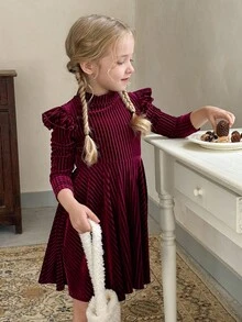 LMoss Kids LMoss 女童纯色荷叶边休闲针织连衣裙 儿童荷叶边连衣裙 女童秋季连衣裙 法式秋季连衣裙 儿童女童天鹅绒连衣裙，红色裙子，圣诞节，舒适秋冬款式，温暖秋冬风格，温暖秋冬款式，冬季服装 - 紅色 - 查看 5