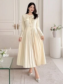 DAZY 女士优雅拼布系带中长连衣裙，秋季 - 米色 - 查看 5