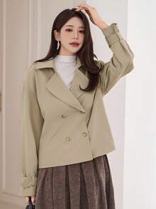 DAZY 女式休闲纯色风衣，秋季夹克 - 杏色 - 查看 4