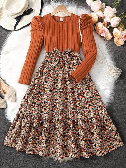 SHEIN 女童棕色波西米亚针织圆领泡泡袖长袖拼布碎花连衣裙，适合秋冬季，冬季度假连衣裙，女童中长连衣裙