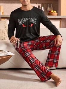 Manfinity Underwear&Sleepwear Basics Plus Size Men's Pajama Set (Long Sleeve Top And Pants, 2 Pieces) - Red - View 1