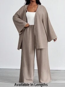 SHEIN PETITE CURVE 大码女式休闲两件套前系带长袖上衣和裤子套装，纯色牛仔蓝色大码女式两件套海滩装，适合女士商务休闲装 - 摩卡棕 - 查看 1
