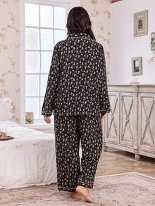CottageSlumber Floral Print Open Front Collar Long Sleeve Top & Pants Plus Size Women Pajama Set, Fall Winter Clothes - Multicolor - View 2