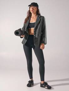 Menodora SHEIN Sport Áo blazer nữ thời trang công sở kẻ sọc tương phản, trang phục mùa thu đông cho nữ - màu đen - Xem 3