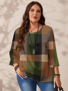 EMERY ROSE Plus Size Women Casual Allover Print Loose Fit Round Neck 3/4 Sleeve Blouse, Suitable For Spring And Autumn Chic Blouses For Women - Multicolor - View 5