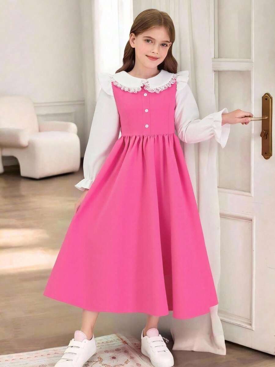 Tween Girl Ruffle Collar 2 In 1 Pleated Bowknot Long Dress Fall Winter - Pink - View 1