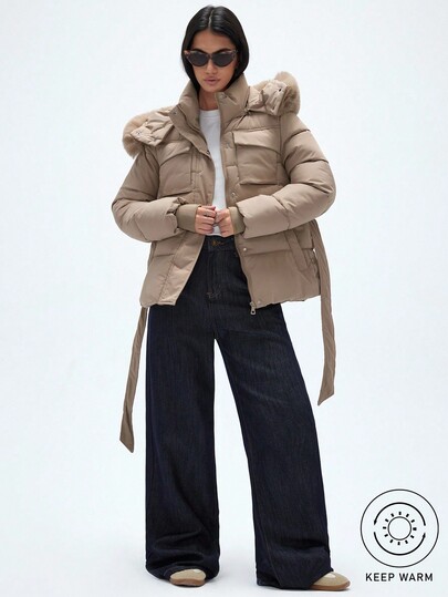 Aveloria Affinna Casaco feminino acolchoado com capuz, elegante, casual, com vários bolsos, na cintura, cor chá de leite