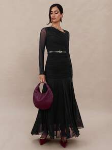 Modelyn 女士时尚优雅不对称领口长裙 - 黑色 - 查看 3