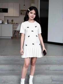 SHEIN 1pc Tween Girls Bow Decor Peplum Short Sleeve Dress, Loose Fit, Spring/Summer - White - View 4