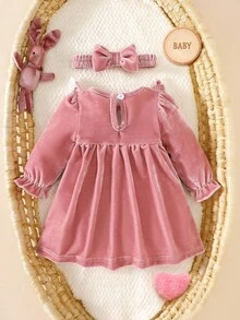 SHEIN Newborn Pink Velvet Dress With Bow Headband And Lace Trim, Sweet Princess Style Fall Winter - Pink - View 2
