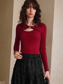 Revavyn Revavyn Women's Elegant Burgundy Autumn Knitted Top,Slim One-Shoulder Ring Buckle Decoration Brushed Bottoming Shirt,Daily Commuting Night Out Tops - Red - View 6
