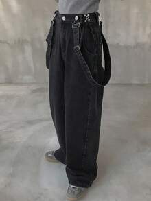 FRIFUL Women's Casual Denim Bib Pants With Pockets - Black - View 2