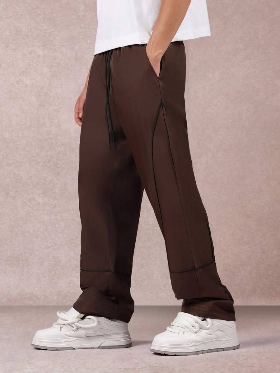 SUMWON Quần ống rộng bằng nylon thông thường có đường viền tương phản, cạp chun, dáng rộng, có dây rút, thời trang dạo phố thu đông, thường ngày - màu nâu - Xem 1