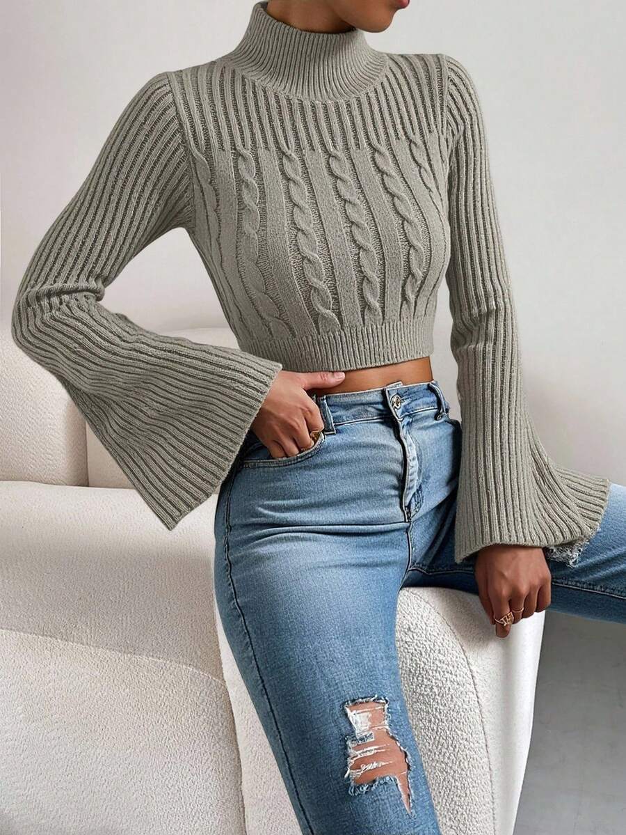 EURMUSE Cable Knit Mock Neck Flare Sleeve Crop Sweater - Dark Grey - View 1