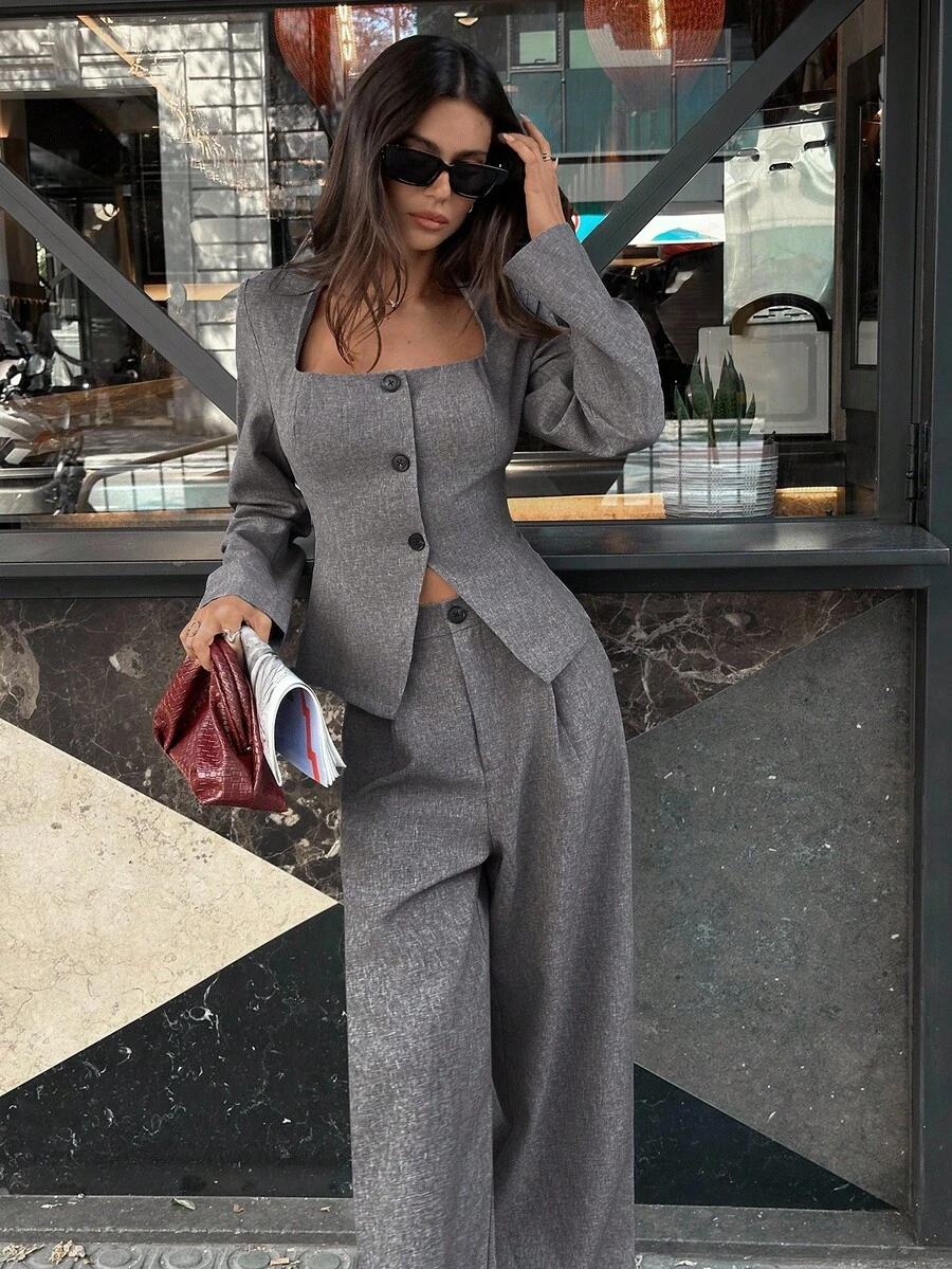 Aloruh 秋冬女士纯色简约日常长袖上衣和裤子套装